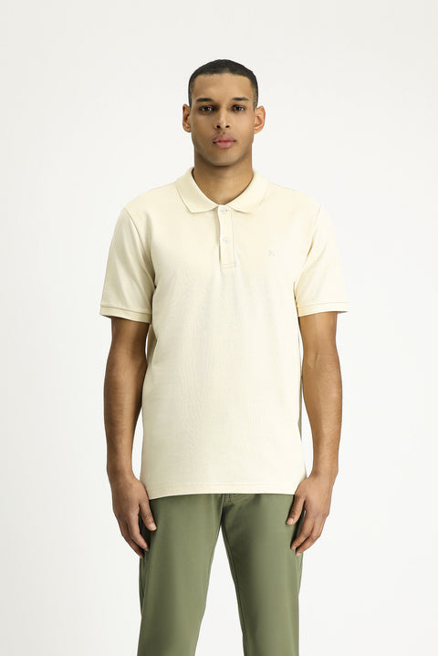 Açık Bej Polo Yaka Slim Fit Dar Kesim Nakışlı Pamuk Tişört