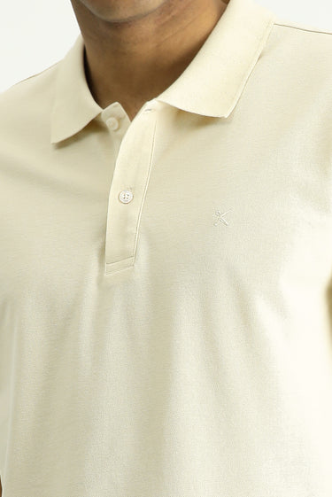 Açık Bej Polo Yaka Slim Fit Dar Kesim Nakışlı Pamuk Tişört