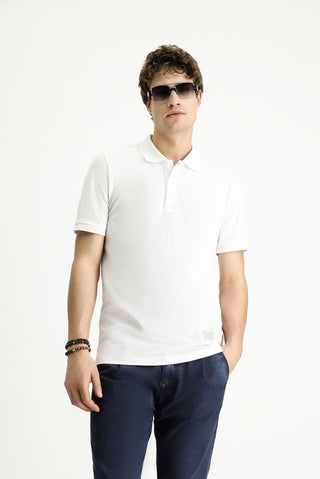  Beyaz Polo Yaka Slim Fit Dar Kesim Nakışlı Pamuk Tişört