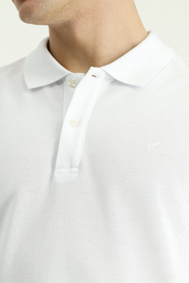 Beyaz Polo Yaka Slim Fit Dar Kesim Nakışlı Pamuk Tişört