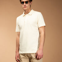 Krem Polo Yaka Slim Fit Dar Kesim Nakışlı Pamuk Tişört