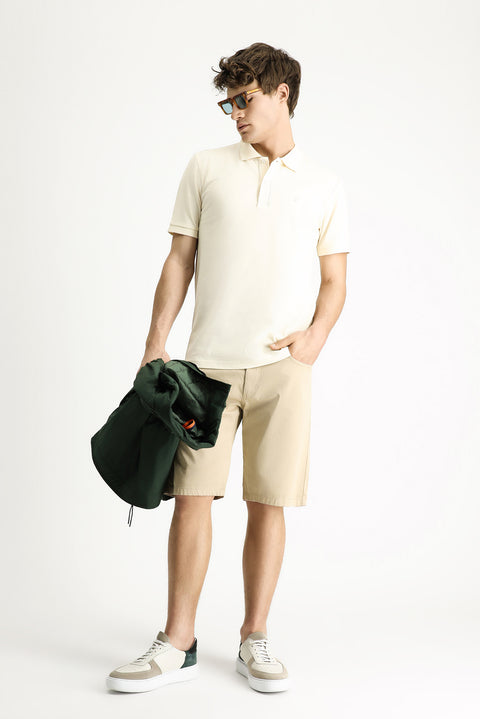 Krem Polo Yaka Slim Fit Dar Kesim Nakışlı Pamuk Tişört