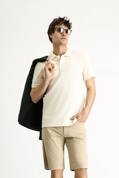 Krem Polo Yaka Slim Fit Dar Kesim Nakışlı Pamuk Tişört