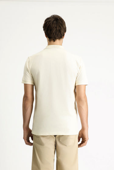 Krem Polo Yaka Slim Fit Dar Kesim Nakışlı Pamuk Tişört