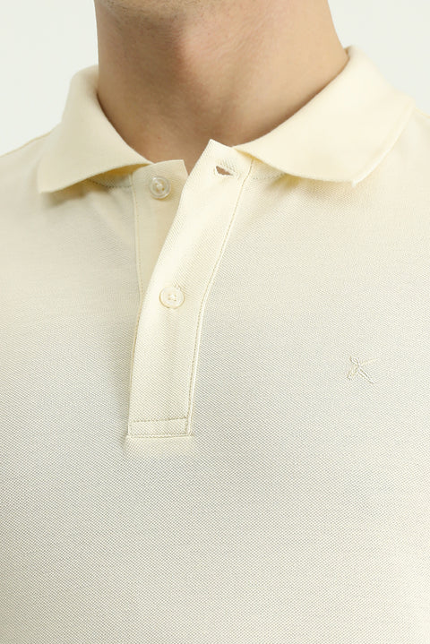 Krem Polo Yaka Slim Fit Dar Kesim Nakışlı Pamuk Tişört