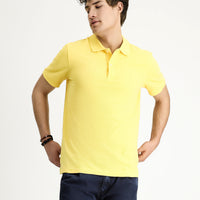Açık Sarı Polo Yaka Slim Fit Dar Kesim Nakışlı Pamuk Tişört
