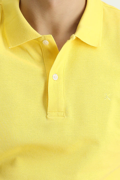 Açık Sarı Polo Yaka Slim Fit Dar Kesim Nakışlı Pamuk Tişört