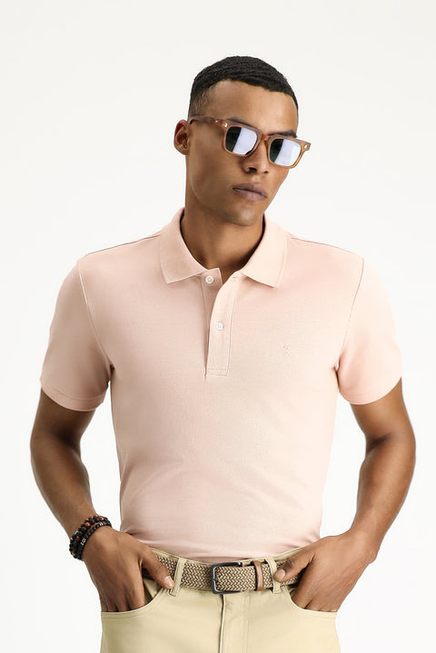 Toz Pembe Polo Yaka Slim Fit Dar Kesim Nakışlı Pamuk Tişört