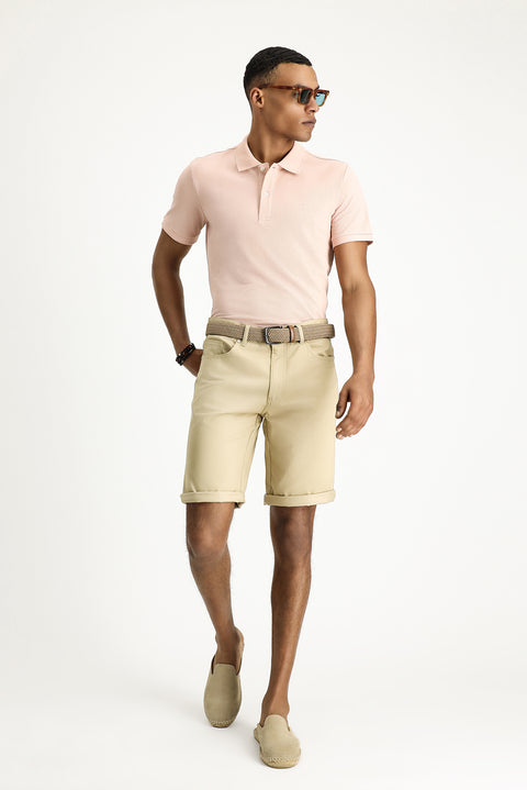 Toz Pembe Polo Yaka Slim Fit Dar Kesim Nakışlı Pamuk Tişört