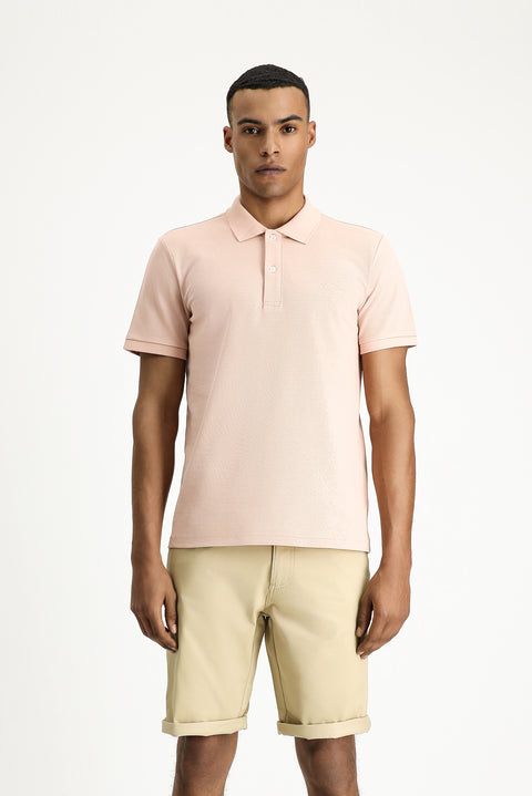 Toz Pembe Polo Yaka Slim Fit Dar Kesim Nakışlı Pamuk Tişört