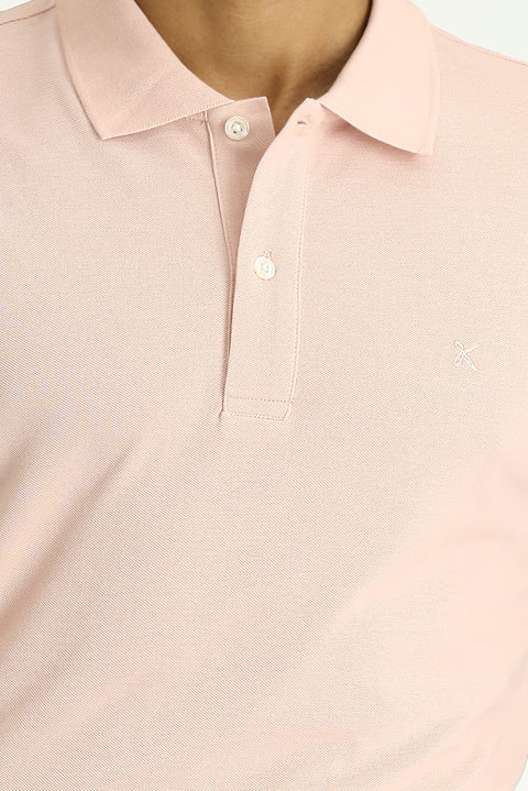 Toz Pembe Polo Yaka Slim Fit Dar Kesim Nakışlı Pamuk Tişört