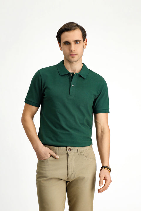 Koyu Yeşil Polo Yaka Slim Fit Dar Kesim Nakışlı Pamuk Tişört