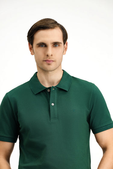  Koyu Yeşil Polo Yaka Slim Fit Dar Kesim Nakışlı Pamuk Tişört