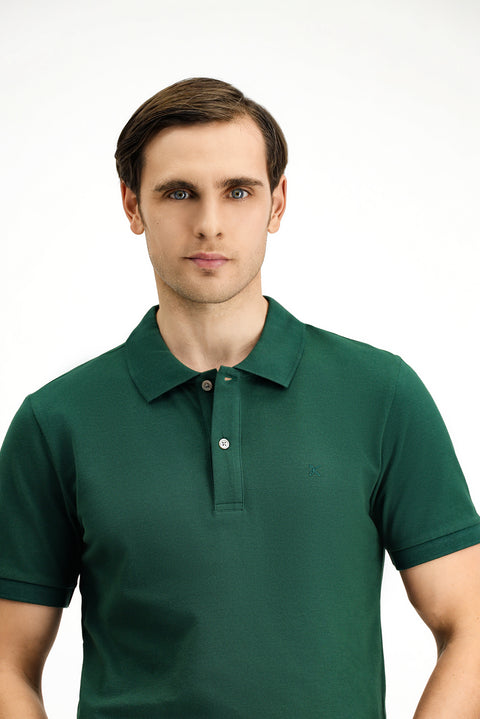 Koyu Yeşil Polo Yaka Slim Fit Dar Kesim Nakışlı Pamuk Tişört