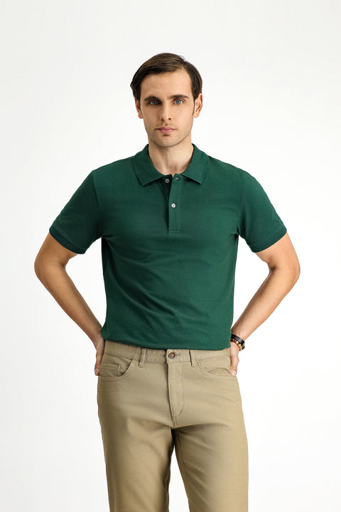 Koyu Yeşil Polo Yaka Slim Fit Dar Kesim Nakışlı Pamuk Tişört