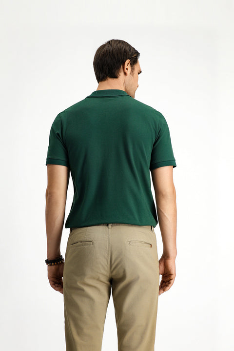 Koyu Yeşil Polo Yaka Slim Fit Dar Kesim Nakışlı Pamuk Tişört