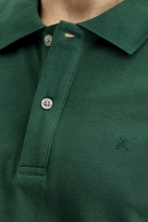 Koyu Yeşil Polo Yaka Slim Fit Dar Kesim Nakışlı Pamuk Tişört