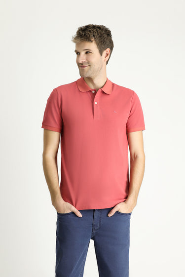  Açık Kırmızı Polo Yaka Slim Fit Dar Kesim Nakışlı Pamuk Tişört