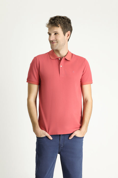 Açık Kırmızı Polo Yaka Slim Fit Dar Kesim Nakışlı Pamuk Tişört