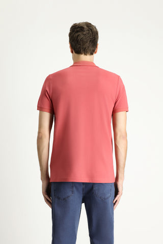  Açık Kırmızı Polo Yaka Slim Fit Dar Kesim Nakışlı Pamuk Tişört