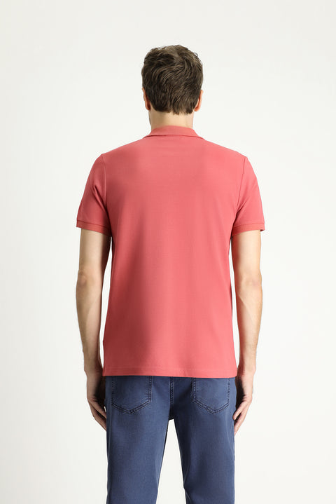 Açık Kırmızı Polo Yaka Slim Fit Dar Kesim Nakışlı Pamuk Tişört