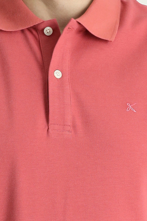 Açık Kırmızı Polo Yaka Slim Fit Dar Kesim Nakışlı Pamuk Tişört