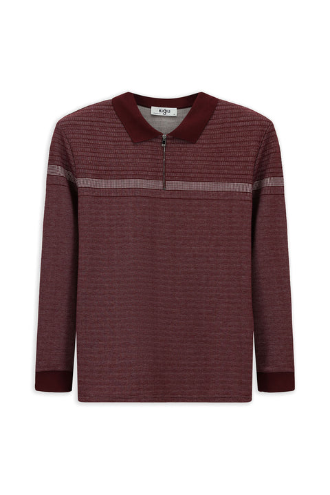 Koyu Bordo Polo Yaka Regular Fit Desenli Fermuarlo Sweatshirt