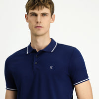 Orta Lacivert Polo Yaka Slim Fit Dar Kesim Nakışlı Süprem Pamuklu Tişört