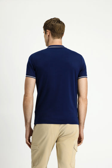 Orta Lacivert Polo Yaka Slim Fit Dar Kesim Nakışlı Süprem Pamuklu Tişört