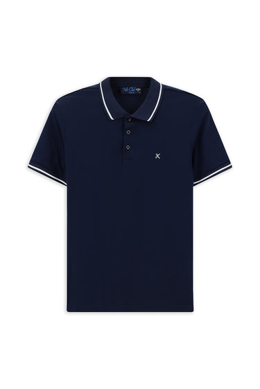 Orta Lacivert Polo Yaka Slim Fit Dar Kesim Nakışlı Süprem Pamuklu Tişört