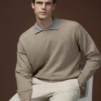 Orta Bej Polo Yaka Oversize Ekstra Rahat Kesim Yünlü Triko Kazak