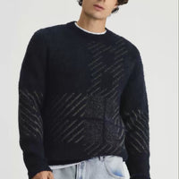 Koyu Lacivert Bisiklet Yaka Regular Fit Desenli Yünlü Triko Kazak